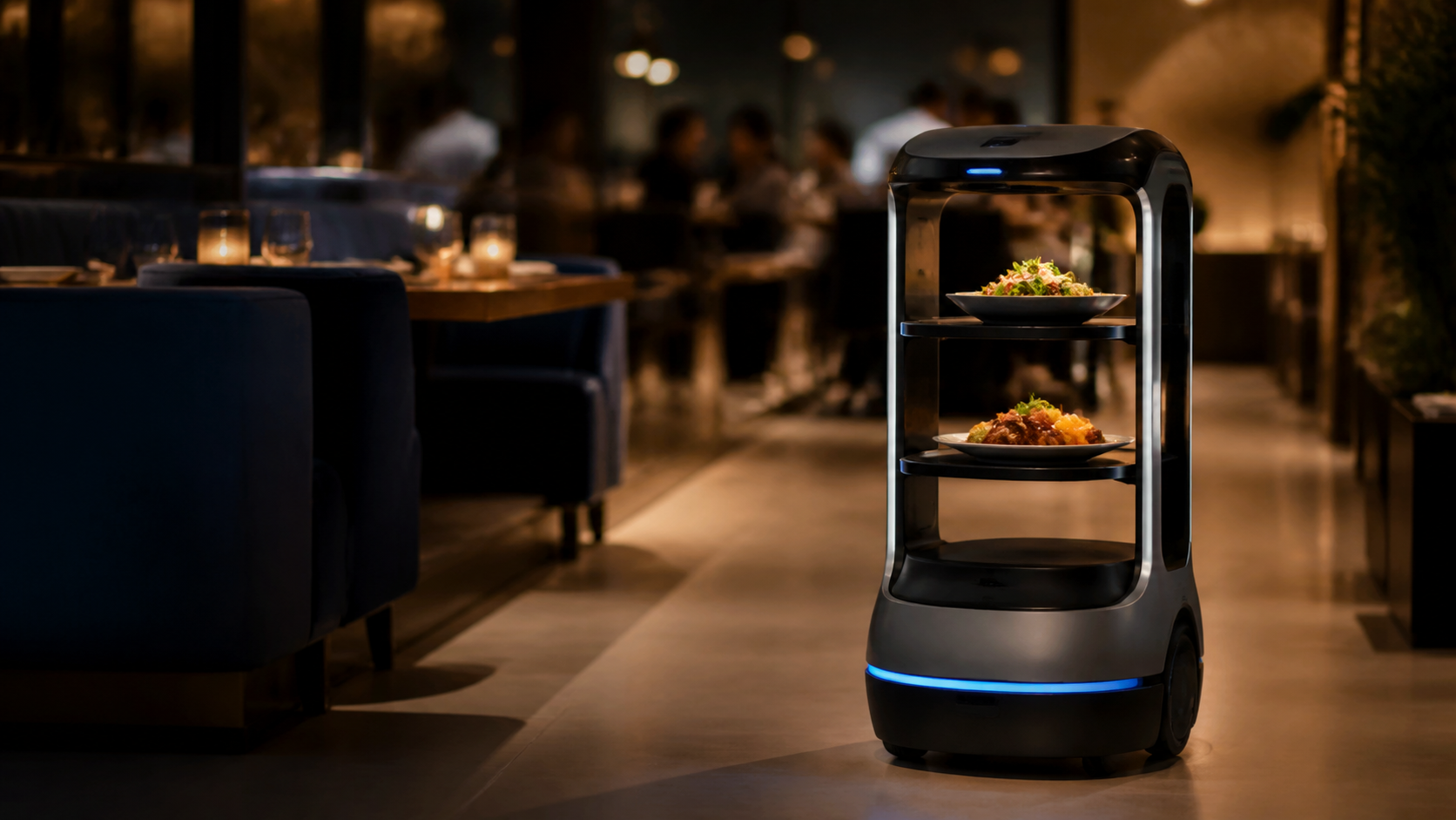 a service robot delivering a plated meal in a restaurant