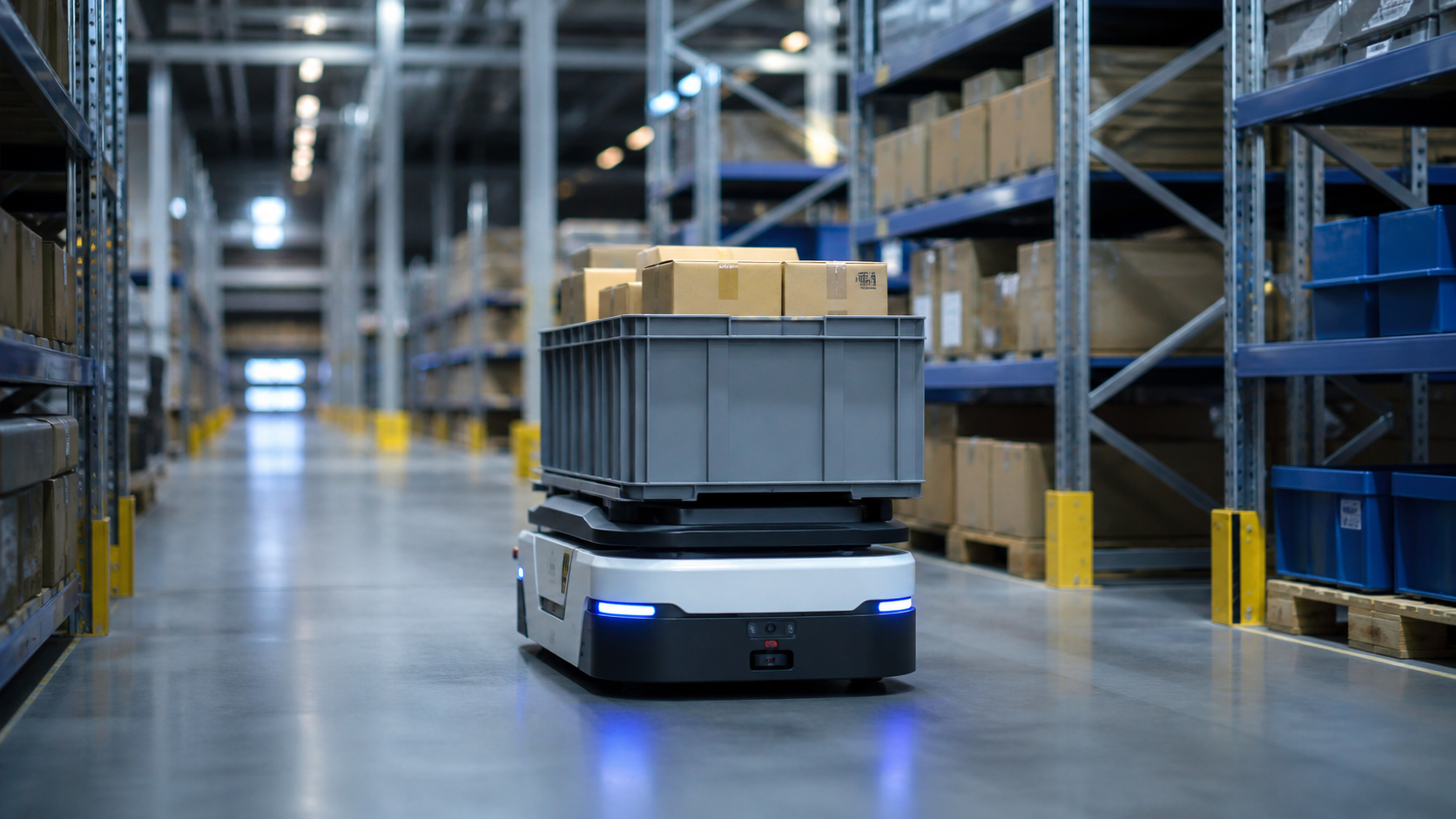 a robot palletizing cartons beside warehouse equipment